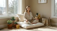 Young woman meditating in lotus pose on floor cushion in bright living room with plants and candles creating peaceful zen atmosphere for wellness.