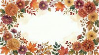 Watercolor autumn floral frame with chrysanthemums, maple leaves, and berries in warm orange, red, and gold tones on white background with copy space.