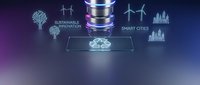 Glowing holographic globe emerging from tablet screen with sustainable innovation and smart cities icons on purple gradient background for technology concepts.