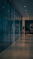 Modern office interior with glass walls and polished concrete floors in contemporary corporate building with ambient lighting for business presentations.