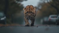Young lion cub walking on asphalt road with blurred background, wildlife photography showcasing majestic big cat in natural habitat during golden hour lighting.