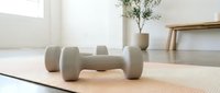Pair of gray dumbbells on beige yoga mat in bright, minimalist home gym space with natural light and potted plant for fitness training.