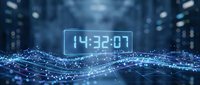 Digital clock display showing time 14:32:07 floating above flowing data streams with glowing particles in futuristic blue technology environment.