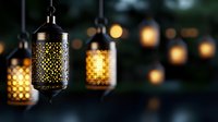 Glowing oriental lanterns with intricate patterns hanging outdoors create magical atmosphere at dusk, warm light illuminating through decorative metalwork design.
