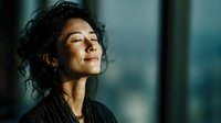 Young Hispanic woman with curly hair enjoying warm sunlight streaming through window, eyes closed in peaceful moment of relaxation and mindfulness.