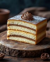 Layered sponge cake slice with chocolate cream filling and decorative frosting swirl on wooden board. Homemade dessert for bakery menu and confectionery advertising.