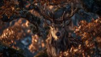 Majestic red deer stag with impressive antlers standing in autumn forest at sunset, warm golden light illuminating its fur and surrounding foliage.
