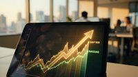 Laptop screen displaying upward trending stock market chart with golden arrow and financial data in modern office environment with city skyline view.