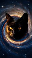 Black cat with golden eyes surrounded by cosmic swirling galaxy portal with blue and orange light effects creating mystical space tunnel background.