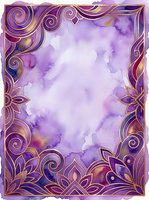 Luxurious purple watercolor background with ornate gold filigree border frame, featuring swirling decorative patterns and flourishes. Ideal for invitations, certificates, and elegant design projects.
