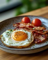 Delicious breakfast plate with sunny side up fried egg, crispy bacon strips and fresh cherry tomatoes garnished with herbs on rustic ceramic dish.
