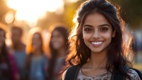Young South Asian female college student with radiant smile outdoors at sunset, backlit with warm golden light and natural bokeh background, wearing casual attire.