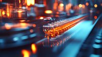 Professional audio mixing console faders in recording studio with dramatic orange and blue lighting, shallow depth of field creating atmospheric bokeh effect.