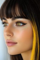 Close-up profile portrait of young Asian woman with bright yellow hair streak, dramatic cat eye makeup, and amber eyes against light background. Perfect for beauty advertising.