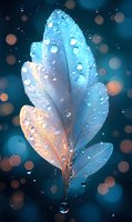 Luminous white feather with water drops on dark blue background, glowing with ethereal light and bokeh effects, creating magical atmosphere for fantasy designs.