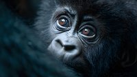 Close-up portrait of young mountain gorilla with expressive brown eyes and black fur against blurred dark background, showing innocence and vulnerability in wildlife.