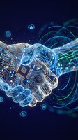 Digital handshake with circuit board patterns and glowing connections representing AI partnership, cybersecurity, and futuristic business collaboration technology.