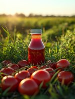 Fresh tomato juice bottle surrounded by ripe red tomatoes in green grass field during golden hour sunset light for healthy organic food and beverage concepts.