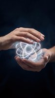 Male hands holding glowing atom symbol with orbital paths against dark background. Represents science, nuclear energy, physics research, technology innovation, and atomic power concepts for educational and business use.