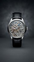 Luxury skeleton watch with exposed mechanical movement and black leather strap on dark gradient background for premium timepiece advertising.
