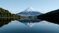 Majestic snow-capped mountain peak reflected in calm lake waters, surrounded by dense forest landscape. Mirror-like surface creates perfect symmetrical reflection.
