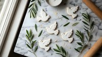 White dove-shaped cookies with rosemary sprigs on marble surface in rustic wooden tray for baking, holiday treats, peace symbols, culinary art projects.