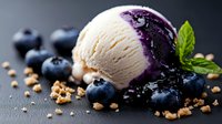 Vanilla ice cream scoop with blueberry sauce drizzle, fresh berries and crunchy granola on dark slate background, garnished with mint leaves.
