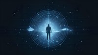 Silhouette of person standing in glowing digital circle with futuristic interface elements against dark background. Technology concept for business innovation.
