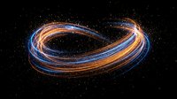 Abstract infinity symbol with glowing light trails in blue and orange colors against starry space background for technology and science concepts.