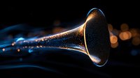 Glowing golden horn emitting magical blue light trails and sparkles against dark background with bokeh effect, creating mystical musical atmosphere.