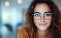 Young Latina woman with bright blue eyes wearing round glasses and orange sweater smiling warmly at camera against blurred background with bokeh lights.