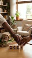 Person of African descent placing wooden blocks with 2027 on table with miniature house model, symbolizing future real estate planning and home investment goals in modern living room.