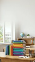 Stack of colorful books on wooden desk in bright classroom or study room with globe, pencils, and shelving in background, suitable for education and learning concepts.