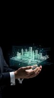 Businessman in dark suit holding holographic cityscape with glowing skyscrapers and digital data overlay, representing urban development, smart city technology and real estate innovation.