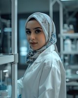 Middle Eastern female medical professional wearing white lab coat and hijab smiles confidently in modern laboratory setting with scientific equipment in background.