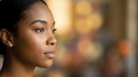 Young African American woman in profile with natural makeup and earrings against warm bokeh background for beauty and lifestyle concepts.