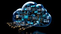 Digital cloud computing concept with circuit board pattern and glowing fiber optic connections on black background for technology presentations.