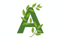 Green capital letter A decorated with fresh spring leaves and vines, isolated on white background for eco-friendly branding and natural design projects.