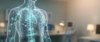 Glowing human body with visible lymphatic system and skeleton in a medical clinic, highlighting anatomy and healthcare concepts.