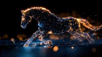 Magical glowing horse silhouette galloping through starry particles and light trails against dark background, creating luminous motion effect with blue and gold sparkles.