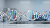 Colorful DNA double helix models displayed in modern laboratory setting with scientific equipment and blurred background, representing genetic research and biotechnology advancement.