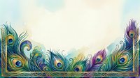 Elegant peacock feathers border frame with vibrant blue green purple colors on soft background for luxury design projects and decorative elements.