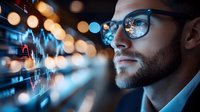 Caucasian businessman in glasses analyzing financial market data on virtual screen with glowing charts and graphs in modern office environment at night.