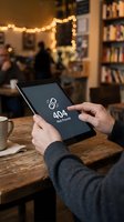 Person holding tablet displaying 404 error message in cozy home interior with warm string lights, bookshelf, and blurred background figures, suitable for web design and technology concepts.