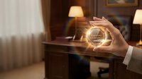 Businessman holding glowing crystal ball with certification badge in luxury office interior with desk lamp and wooden furniture for business success concepts.