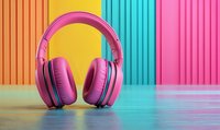 Pink wireless headphones on colorful striped background with vibrant orange, turquoise and magenta stripes creating modern minimal composition for audio technology.