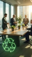 Business professionals discussing sustainability with glowing green recycling symbol in modern conference room for corporate environmental initiatives.