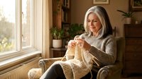 Mature woman with gray hair and light skin tone, wearing a cozy knit sweater, sits by a sunlit window holding a cream-colored blanket. Relaxed home setting.