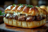 Grilled steak sandwich on buttery brioche bun with melted cheese and fresh herbs, served on wooden cutting board, macro food photography in warm lighting.