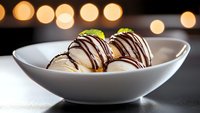 Chocolate drizzled ice cream scoops garnished with fresh mint leaves in white ceramic bowl against dark background with soft bokeh lights creating elegant ambiance.